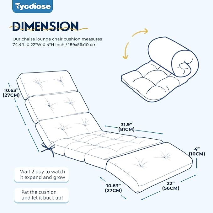 All Weather Chaise Lounge Cushions Outdoor Lounge Chair Cushion, Memory Foam Chaise Lounger Chair Cushion Waterproof for Outdoor Patio Furniture with Non-Slip Back and Ties, Blue Leaf