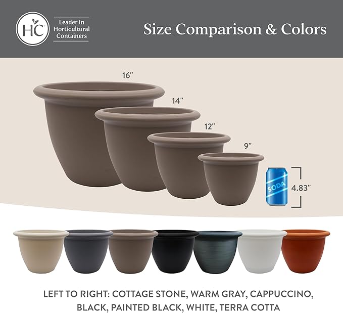 The HC Companies Sevilla Flower Planters - Durable Outdoor & Indoor Planter - Round Lightweight Self Watering Plant Pots for Herbs & More (12" Cappuccino, Pack of 2)