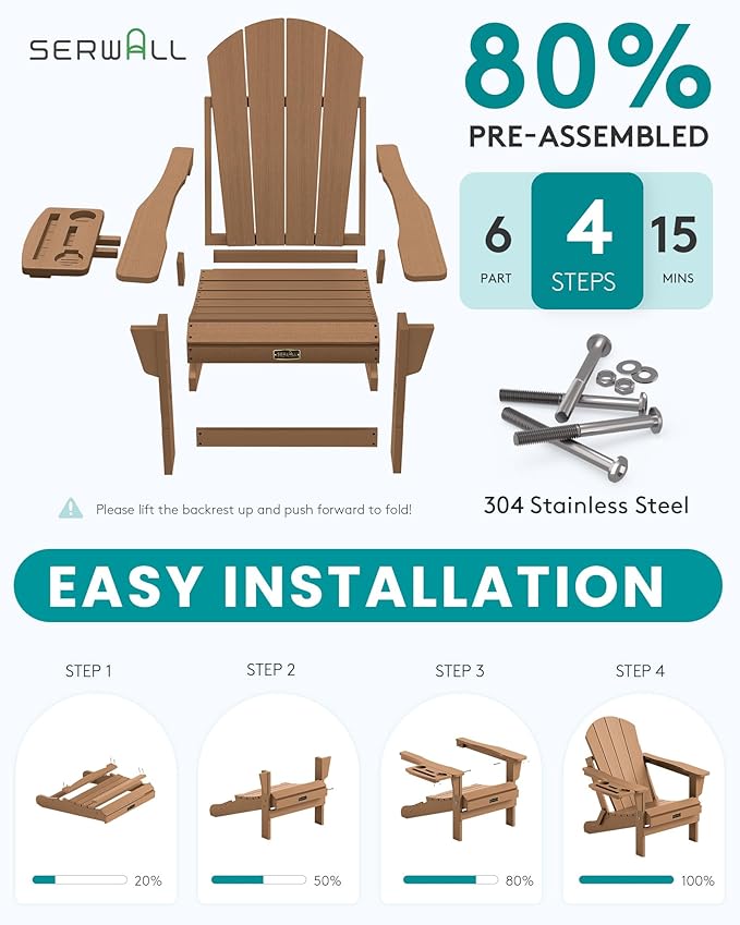 SERWALL Folding Adirondack Chair Set of 4, Outdoor Adirondack Chairs with 4 in 1 Cup Holder, Wood Texture Patio Chairs, Weather Resistant Fire Pit Chairs for Patio Deck Garden, Backyard Deck - Brown
