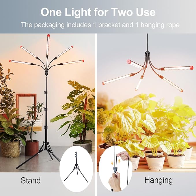 FECiDA Gamechanger! 45 Watt Power Draw, NO Need Adapter, 5Head Grow Light with Tripod Stand, 2026 Big Coverage LED Grow Lights for Indoor Tall Plants, Bonsai Tree, 4/8/12/16/20H Timer