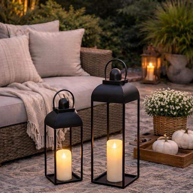 25'' 19'' Lanterns Decorative Outdoor Indoor, Black Metal Outdoor Candle Lanterns, Set of 2 Modern Farmhouse Decorative Lantern for Fireplace, Patio, Porch, Floor, Christmas Lantern (No Glass)