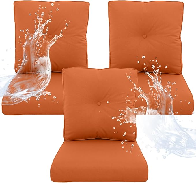 Outdoor Chair Cushions 3 Sets - 22 * 24" Patio Furniture Cushions with Removable Cover, 28D High Density Sponge Filling Outdoor Patio Cushions for Chairs, Rocker, Sofa and Loveseat - Orange