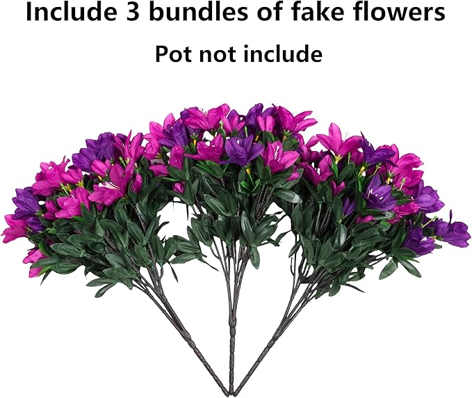 INSPRING Artificial Fake Flowers for Outdoors Spring Summer Decoration, 3 Bundles Realistic Outdoor Faux Azalea Plants UV Resistant Silk Flowers for Outside Planter Patio Porch Garden Yard Home Decor