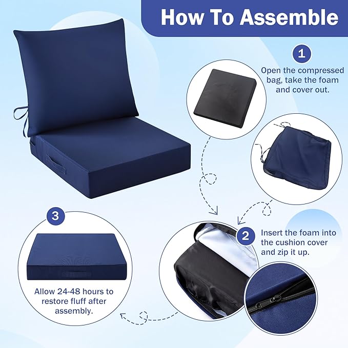 Outdoor Seat Cushion Set, Waterproof & Fade Resistant Patio Chair Cushions, Outdoors Cushion for Patio Furniture, 24 x 24 x 4 Inch, Outdoor Couch Cushions with Handle and Ties, Navy Blue