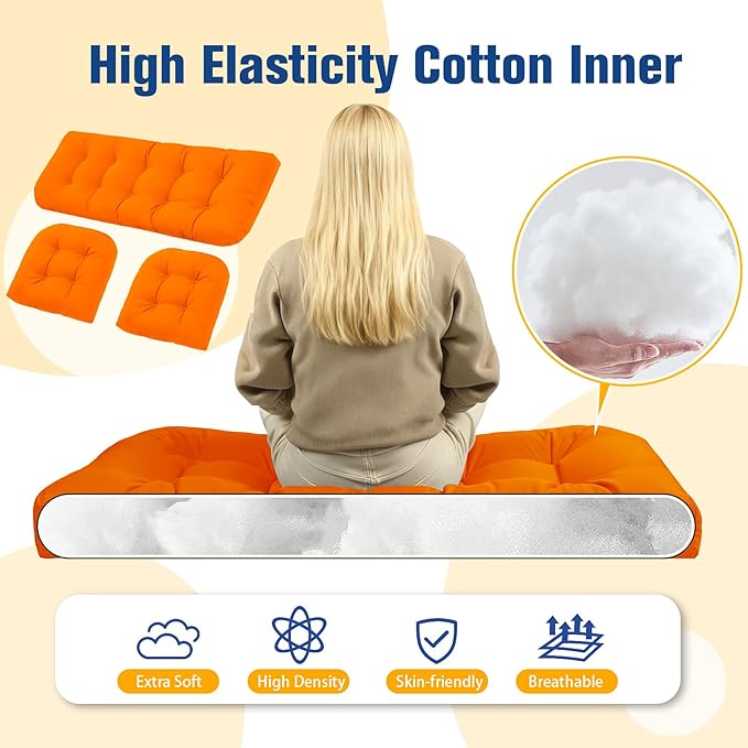 Patio Furniture Cushions Outdoor, Waterproof Wicker Chair Cushions Set of 3, 1 Loveseat & 2 Seat Pads, Thick Outdoor Replacement Cushions for Porch Lawn Bench Couch Sofa Swing, Orange