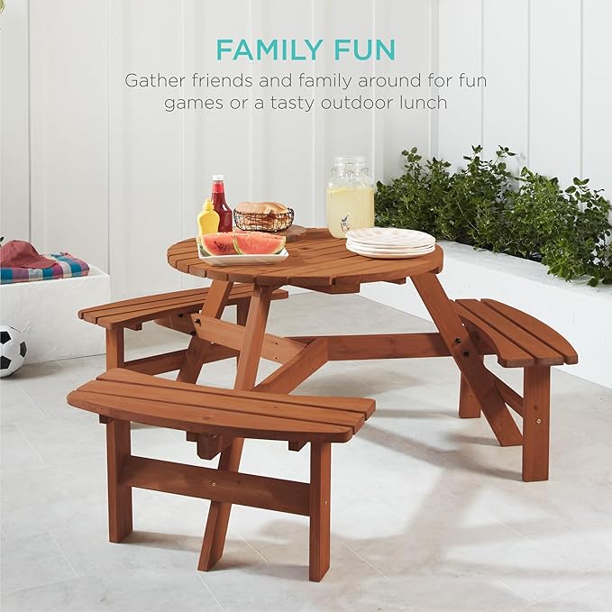 Best Choice Products 6-Person Circular Outdoor Wooden Picnic Table for Patio, Backyard, Garden, DIY w/ 3 Built-in Benches, 500lb Capacity - Acorn
