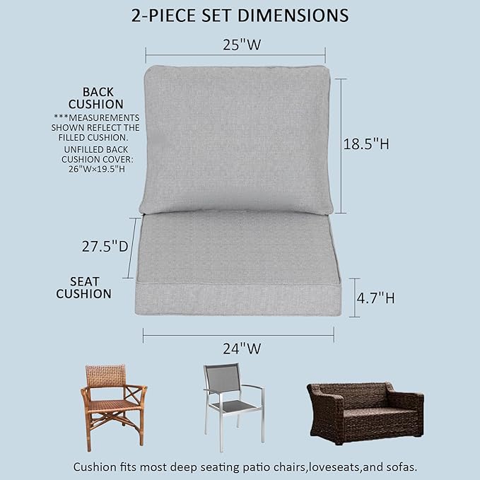 24x27.5 Inch Outdoor Deep Seat Cushions Set of 2,Thick High-Density Foam, Water-Resistant, Piped Edges & YKK Hidden Zipper for Patio Furniture,Stone Gray
