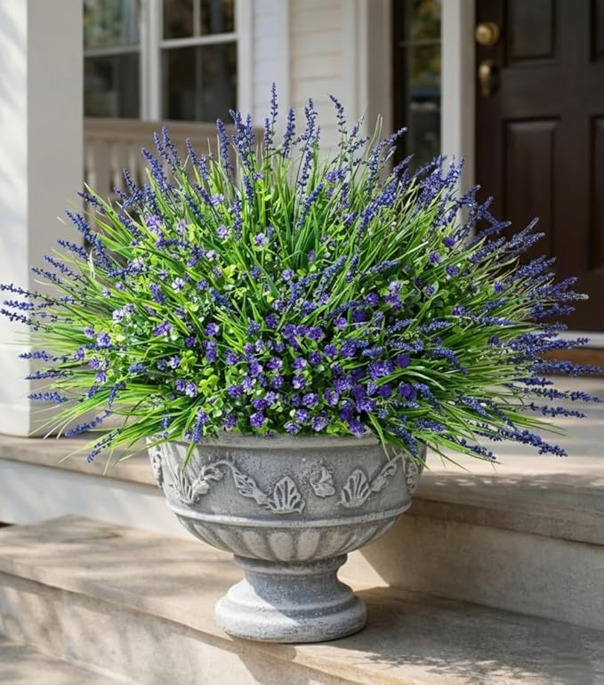 HyeFlora 20 Bundles Artificial Fake Outdoor Plants Flowers for Spring Decoration, UV Resistant Realistic Purple Plastic Flowers Faux Plant Monkey Grass for Planter Home Garden Porch Patio Window Box
