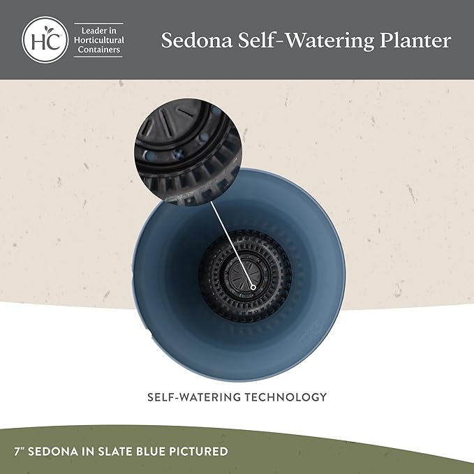 The HC Companies 16 Inch Sedona Round Self Watering Planter Pots, Lightweight UV-Resistant Plastic Indoor & Outdoor Planters, 2-Pack Flower Pots for Garden & Home Decor, Slate Blue
