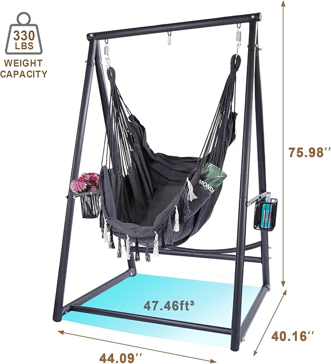 Hammock Chair Hanging Rope Swing & Stand Set with Two Holders, Heavy Duty Hanging Stand with Three Hooks, Multi-Use for Indoor Outdoor Patio Yard Garden(Black & Black)