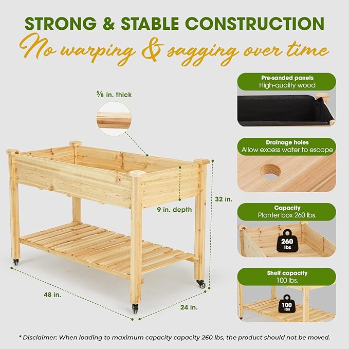 Idzo Raised Garden Bed with Legs, Durable Elevated Garden Box with Wax Oil Coated, 48x24x32in Wood Planter with Big Planter Box Load Up to 260 Pounds, Ergonomic Height for Convenient Plants Care