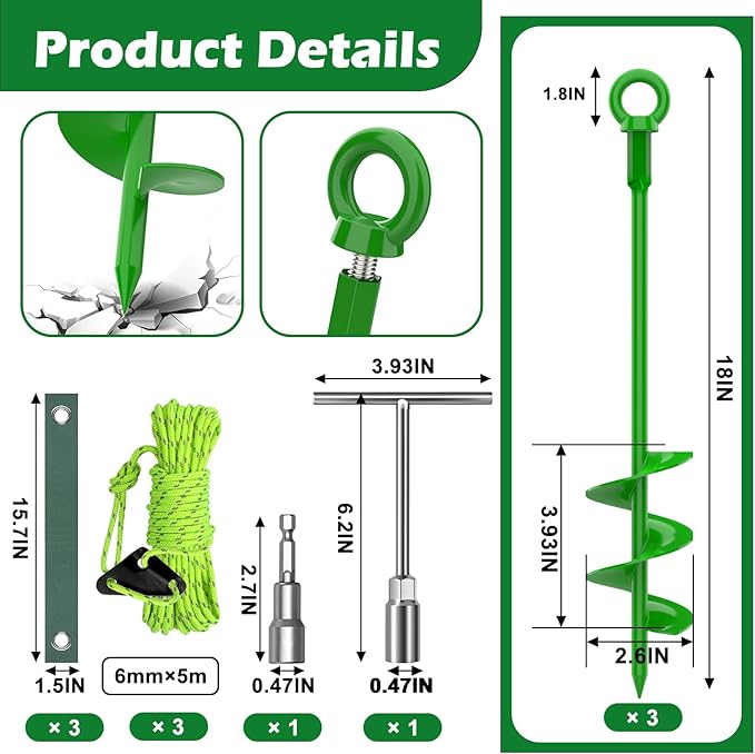 3 Pack 18" Tree Stake Kit, Heavy Duty Spiral Stakes and Supports for Leaning and Young Trees Straightening, Protect Trees from Bad Weather (Green)