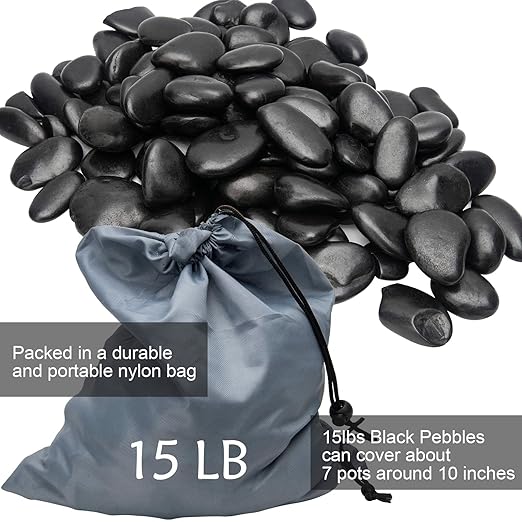 Black River Rocks - Large Polished Black Pebbles for Plants & Garden Decorative Stones, 1-2 Inch, 15 Pound
