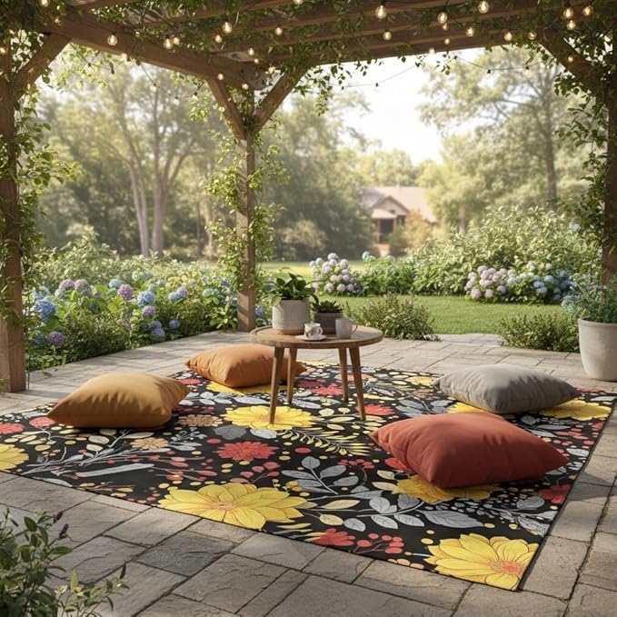 3D Visual Blooming Flowers Pattern Outdoor Area Rug 10x14 Modern Art Deco Yellow Pink Floral Outdoor Rug for Patio Balcony Garden Pool Non Slip Waterproof Outside Carpet Black Low Pile Yard Large Rugs