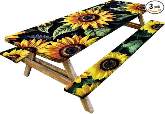 Sunflower Field Picnic Table Cover with Bench Covers Set of 3 - Bright Yellow Sunflowers Full Print, Elastic Fitted Tablecloth for 6 Ft Tables, Washable Polyester Cover for Garden, Indoor & Outdoor