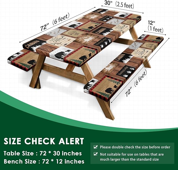 Picnic Table Cover with Bench Covers Elastic Edges, Vintage Camper Fitted Table Cover, Outdoor Patio Camping Essentials 72 Inch 3PCS, Waterproof Camping Fitted Tablecloth with Drawstring Bag