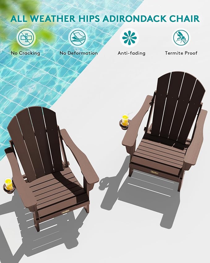 SERWALL Folding Adirondack Chair Set of 4 for Patio Garden Outdoors Fire Pit- Coffee