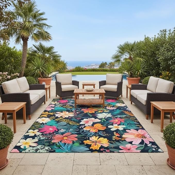 Waterproof 2x6 Floral Outdoor Rug Tropical Botanical Floral Outdoor Area Rug for Balcony Patio Porch Garden Camping Pool Deck Yard Multi Flowers Machine Washable Large Carpet Anti Slip Backing Mat