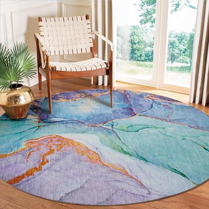 Abstract Washable Indoor Outdoor Round Rug, 6' x 6', Teal, Stain Resistant, Easy Clean, Modern Teal Patio Rug for Indoor/Outdoor Patio, Deck, Porch, Garden, Courtyard