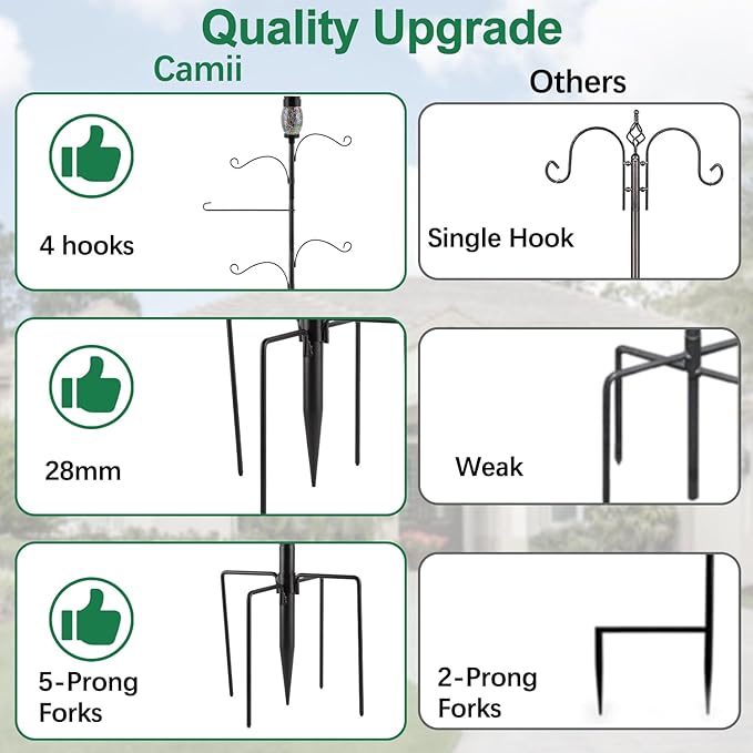 Camii Solar Shepherds Hooks for Outdoors, 80" Bird Feeder Pole with Light, Flag Holder, 5 Prongs Base, Garden Flag Holder for Hook Bird Feeder, Plant Baskets, Lantern