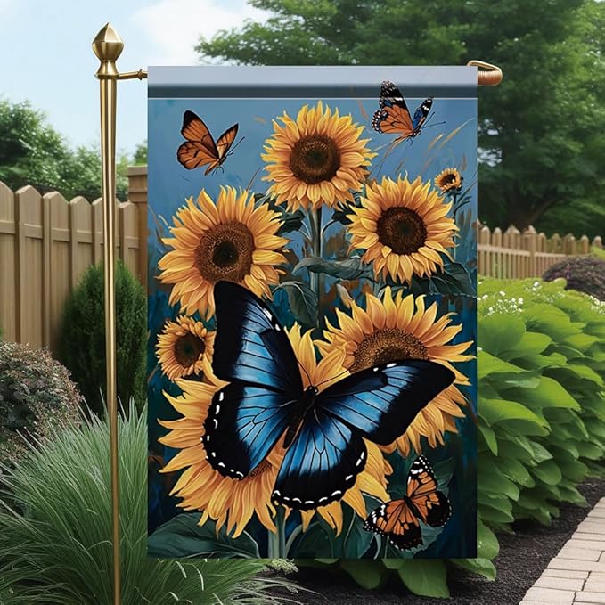 Sunflower Butterfly Garden Flag 12x18 Inch Double Sided Outdoor Yard Banner Blue and Orange Butterfly with Sunflowers for Spring Summer Patio Porch Lawn Home Decoration