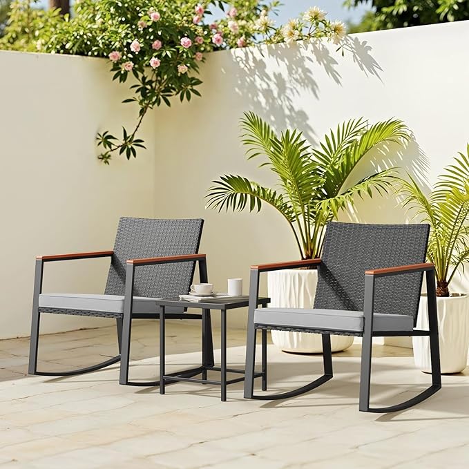 Bealife 3 Piece Patio Set with Cooling Wooden Armrests, Outdoor Rocking Chairs Set of 2 with Glass Table and Cushions, Wicker Patio Bistro Set for Garden, Yard, Balcony, Porch (Grey)