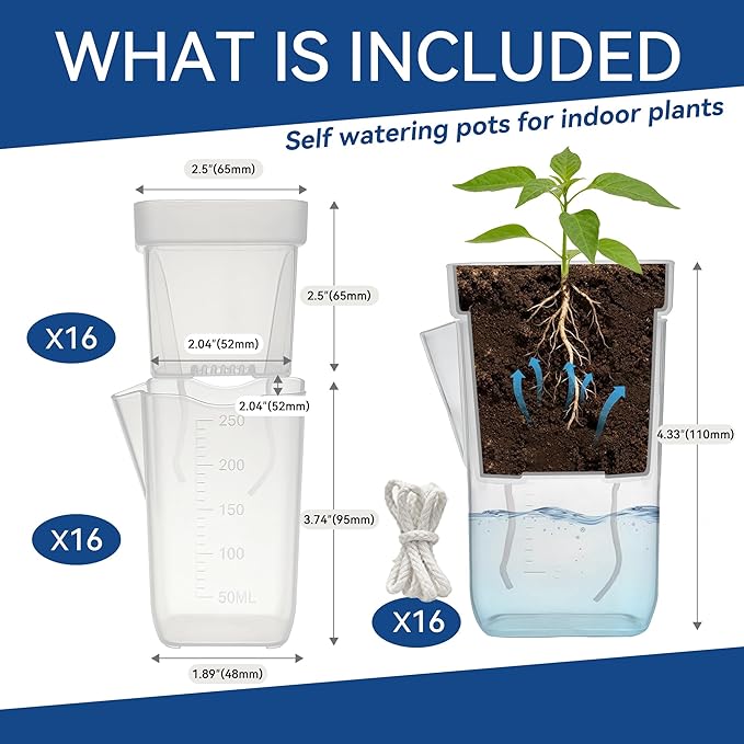 16 Pack 2.5" Medium Self Watering Pots for Indoor Plants, Small Clear Plastic Planters,Self Watering Planters Garden Flower Pots for African Violet, Hoya, Seedlings, Cuttings &Semi-Hydro