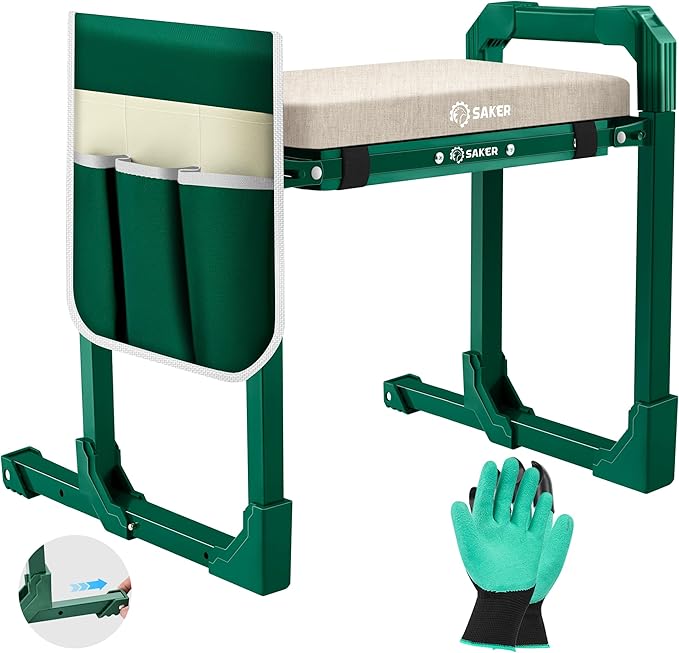 Saker Garden Kneeler and Seat Foldable Gardening Stool with Extendable Legs & Thickened Pad, Tool, Heavy Duty Support for Elderly, Gardening, Outdoor Use