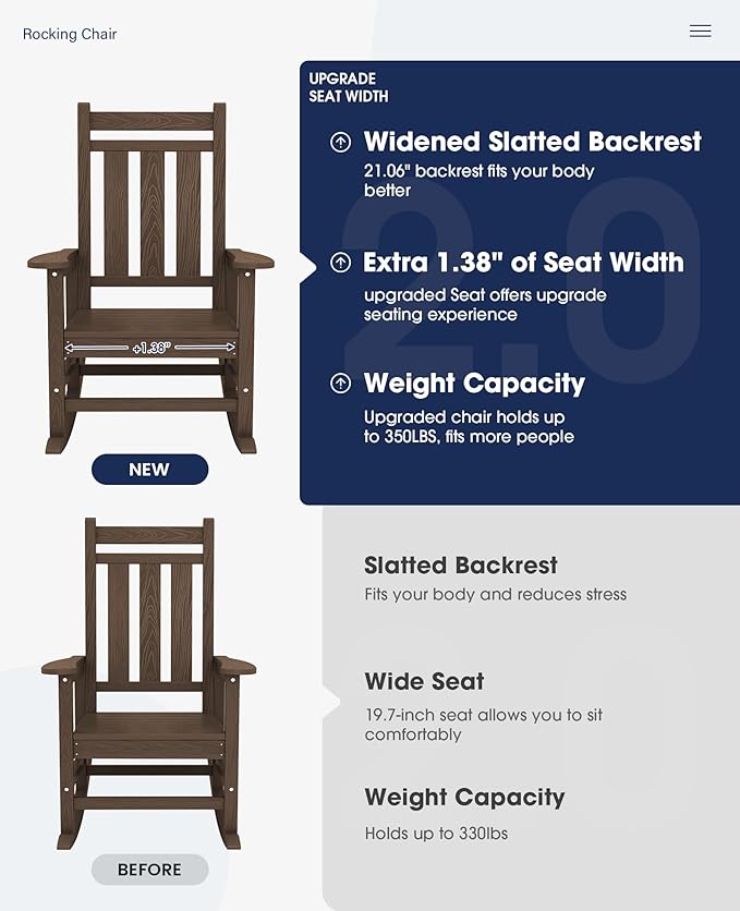 KINGYES Oversized Outdoor Rocking Chair, All-Weather Patio Rocking Chairs for Porch, HDPE Outdoor Patio Rockers with High Back & Wide Seat for Garden, Lawn, Brown