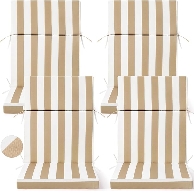 4 Pack Outdoor High Back Chair Cushion, 44 x 20 inches Patio Chair Cushions Waterproof Rocking Cushions Indoor Furniture Seat Pad, Weather Resistant (Stripe,Khaki White)