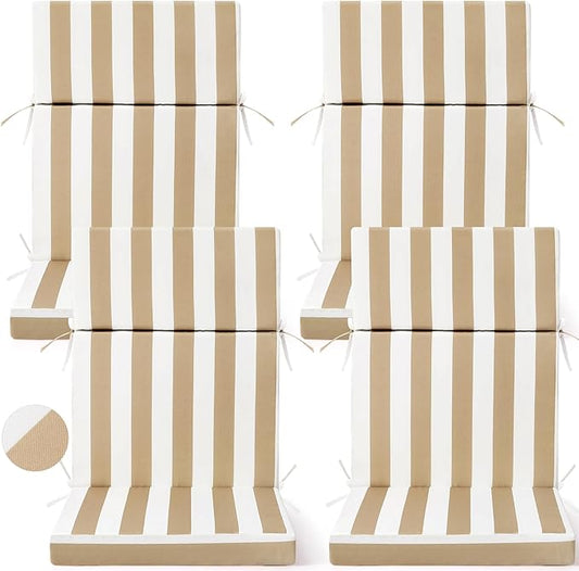 4 Pack Outdoor High Back Chair Cushion, 44 x 20 inches Patio Chair Cushions Waterproof Rocking Cushions Indoor Furniture Seat Pad, Weather Resistant (Stripe,Khaki White)