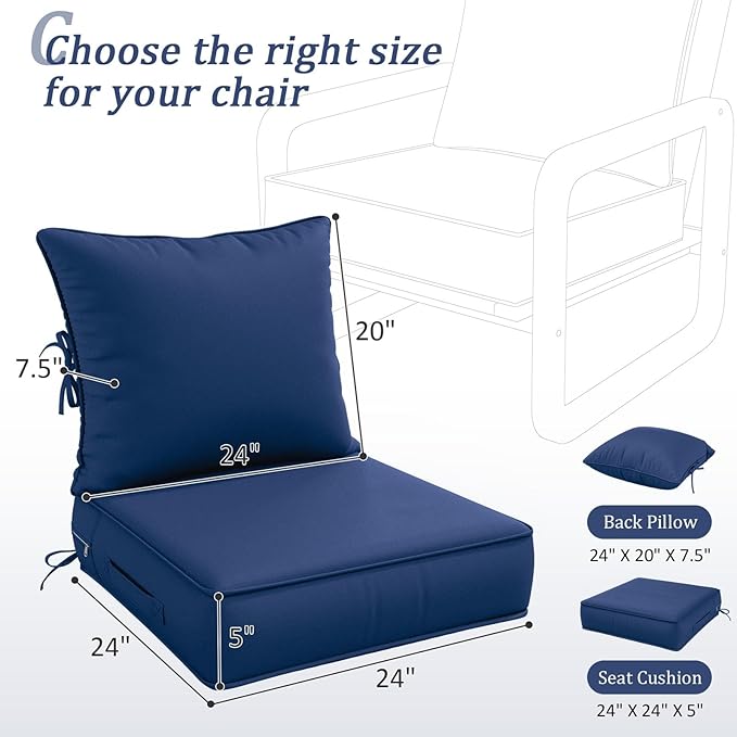 Outdoor Patio Chair Cushions Set 24 L X 24 W X 5 H Waterproof & Fade Resistant Deep Seat and Back Cushions with Removable Covers Outdoor Seat Cushion Set for Chairs and Sofas