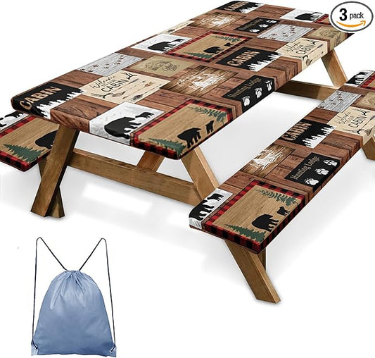 Picnic Table Cover with Bench Covers Elastic Edges, Vintage Camper Fitted Table Cover, Outdoor Patio Camping Essentials 72 Inch 3PCS, Waterproof Camping Fitted Tablecloth with Drawstring Bag