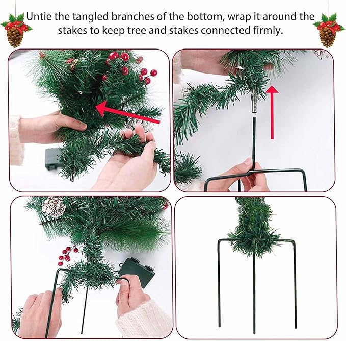 2 Pack Pre-lit Artificial Christmas Tree Urn Filler, Battery Operated Lighted Xmas Tree with Pinecones & Berries, Holiday Planter Filler Outdoor Waterproof Decor for Porch, Garden, Yard
