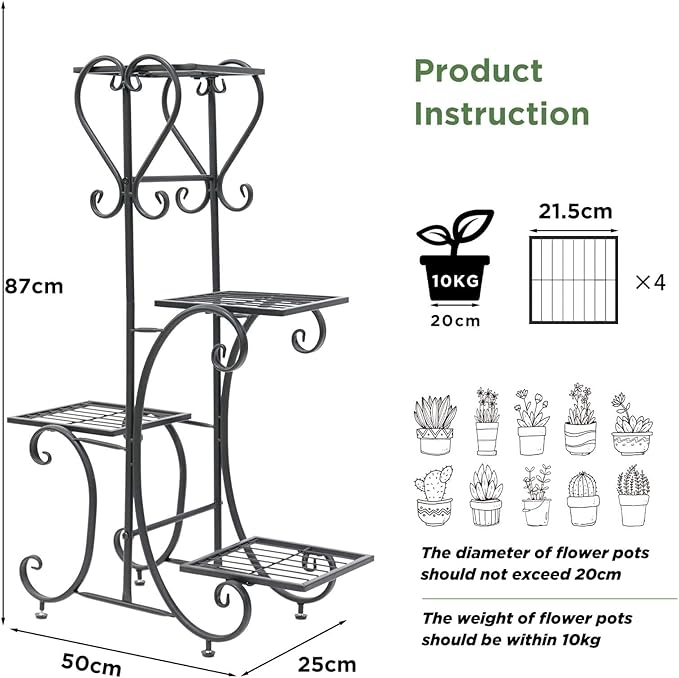 unho Metal Plant Stand Black: 4 Tier Flower Pot Display Rack with Potted Planter Shelves Indoor Storage Shelf Holder for Balcony Living Room Patio Garden Entryway Décor (Black)