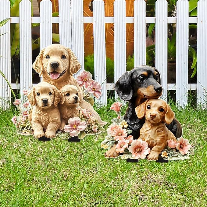 Garden Stake Decor, Acrylic 2D Flat Animal Statue, Fairy Sculptures Ornament Indoor Outdoor Yard Lawn Pot Plant Decorative Accessories (Three-Dogs)
