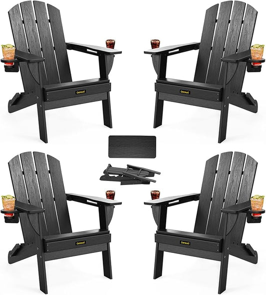 Folding Adirondack Chair Set of 4, Wooden Textured Plastic Adirondack Chairs with 2 Cup Holder, Weather Resistant HDPE Fire Pit Chair, Outdoor Patio Chairs for Garden, Backyard, Lawn, Deck, Black