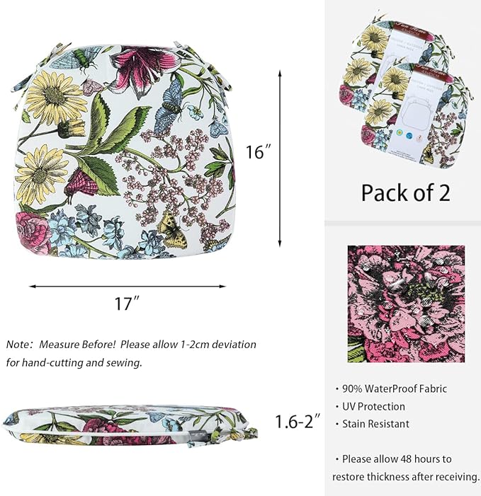 Outdoor Chair Cushions Set of 2,Patio Seat Cushion 17"x16"x2",U-Shaped Dining Chair Cushion 17 by 16 Inch,Water Resistant,Fade-Resistant Chair Pads for Kitchen Garden Furniture(Butterfly Flower)