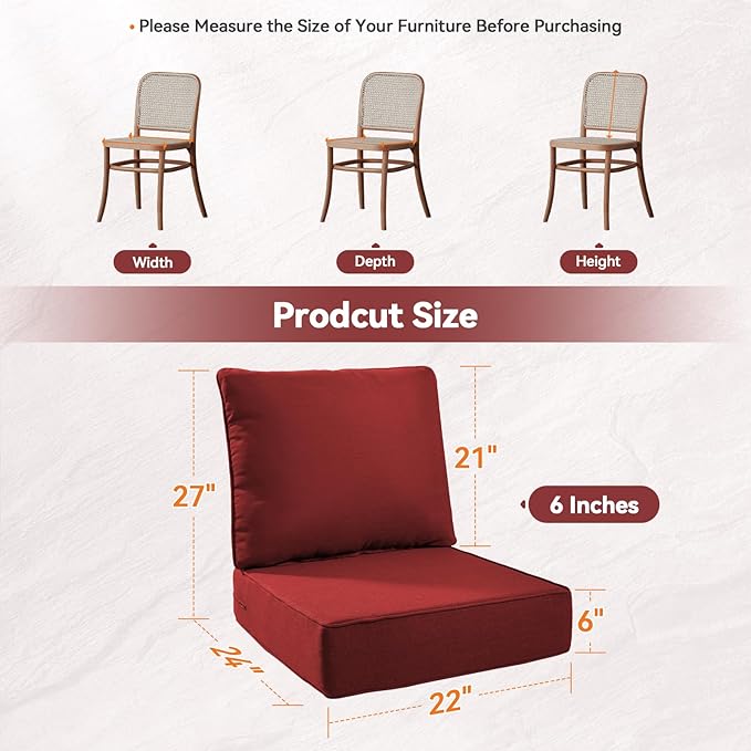 6" Thick Outdoor Cushions 22x24x6, 10-Set Deep Seat Patio Cushions with Removable Cover, Waterproof & Fade Resistant Replacement for Wicker Chair, Loveseat, Sofa - Red