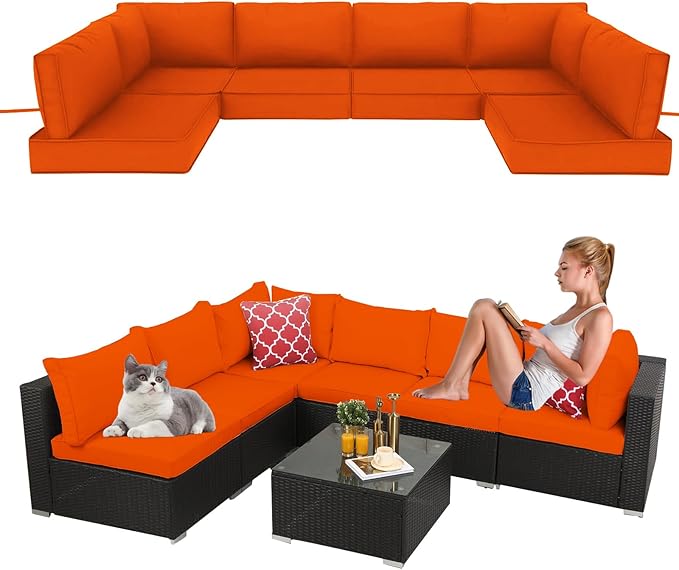 14 Pieces Outdoor Sectional Replacement Cushions for Patio Furniture, 4in Thick Outdoor Sofa Cushions for 6 Seat, Waterproof Deep Seat Couch Patio Cushion Set (Orange Color)