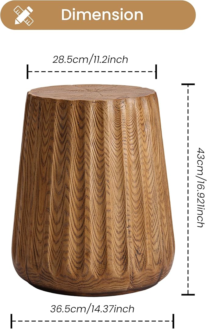COSIEST Wooden Outdoor Side Table, Round MgO Concrete End Patio Side Table, Lightweight Cylinder Top Plant Stand with Rotund Base for Garden and Deck