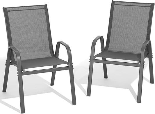 Patio Chairs Set of 2, All Weather Breathable Stackable Outdoor Dining Chairs with High Back and Wide Seat, Easily Set Up Outdoor Chairs Set of 2 with Metal Frame for Backyard Garden Pool, Grey