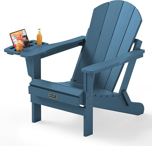 SERWALL Folding Adirondack Chair, Patio Adirondack Chairs with 4 in 1 Cup Holder, Weather Resistant Patio Chair, Plastic Fire Pit Chair for Outdoor, Garden, Backyard, Deck - Blue