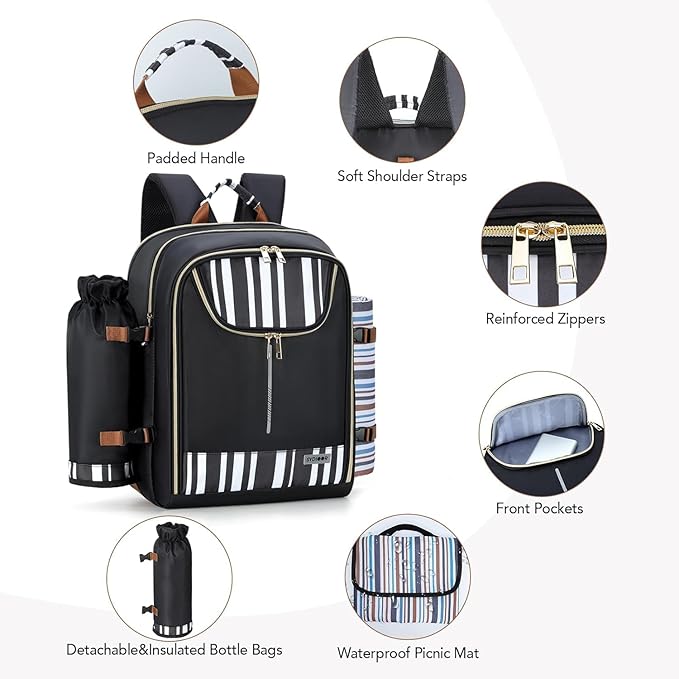 Trolley Picnic Backpack for 4 Person - Blanket & Tableware Set, Detachable Wine Pouch - Ideal for Beach, BBQ, Camping, Trip, Park, Gifts for Friends, Adventures, Patio, Lawn, Garden