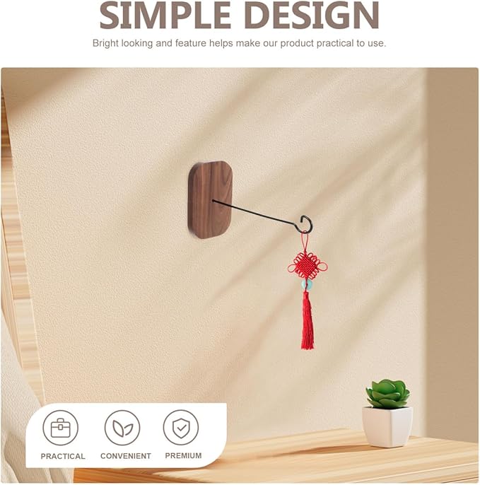 POPETPOP Wall-Mounted Hanging Bracket Hook for Outdoor Wind Chimes and Planters, Walnut Wood Self-Adhesive No-Drill Hanger for Patio Balcony Décor