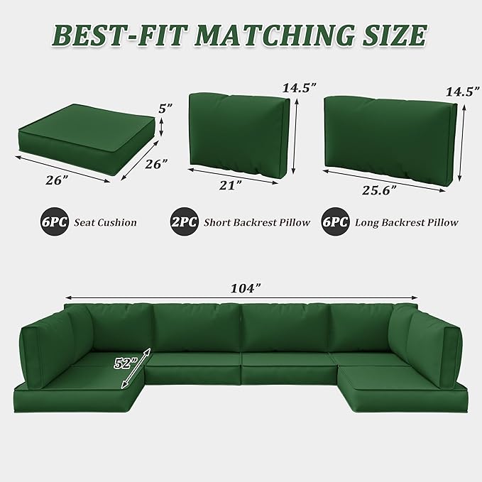 14-Piece Outdoor Cushions for Patio Furniture Thick Outdoor Chair Cushions 5" Foam High-Density Water-Resistant Deep Seat Cushion for 6-Seat Sectional Sets Liner&Cover Green