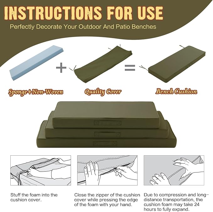 Outdoor Bench Cushion 4 inches Memory Foam Waterproof Patio Furniture Bench Cushion Porch Swing Cushion with Handle and Adjustable Strap, 60 x 18 Inch Sage Green