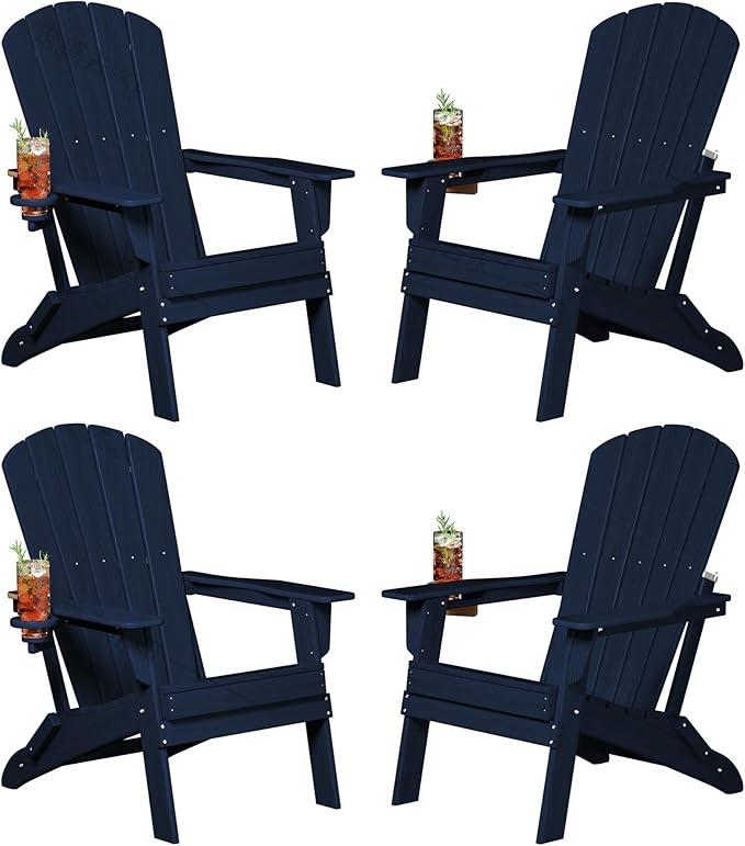 Plawdlik Folding Adirondack Chair, SGS Tested, Wooden Textured with Cup Holder, Heavy All-Weather HDPE Comfortable Set Poolside Backyard Lawn Navy Blue Set 4