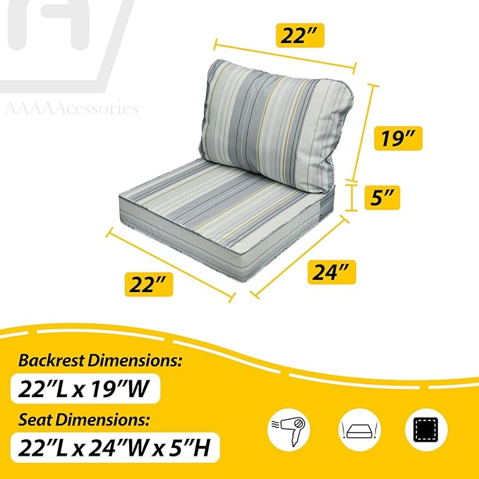 AAAAAcessories Outdoor Seat Cushions for Chairs, Fade-Resistant, Waterproof Patio Furniture Replacement Cushions, 22" x 24" x 5" + 22" x 19", Ash Blue Harbor Stripe