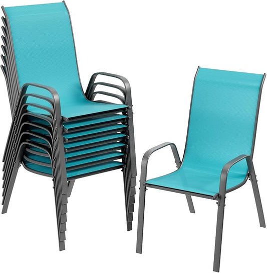 TLSUNNY Patio Chairs, Stackable Textilene Outdoor Dining Furniture for All Weather, with 17.7″ Wide Seat & Metal Frame, for Garden, Backyard, Deck, Restaurant, Poolside (8, Turquoise Blue, 26.4″)
